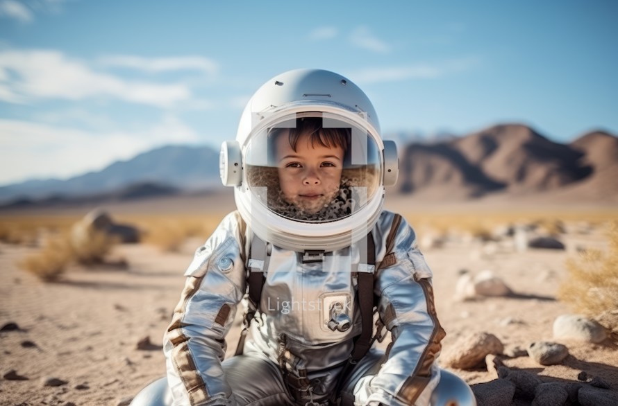 In a vast desert, a 9-year-old boy, dressed as an astronaut, explores with wonder, dreaming of distant worlds