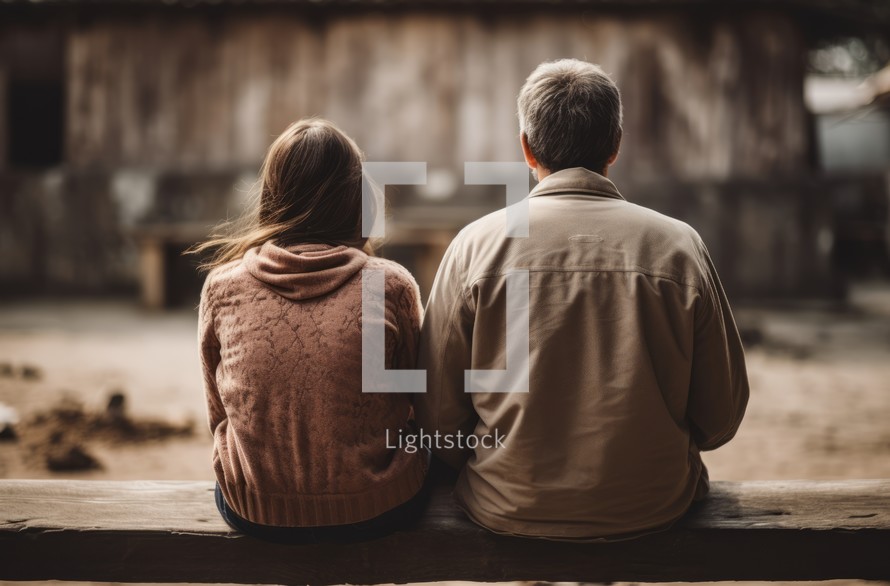 Two people, a man and a woman, sit on cement, holding hands. Shot from behind