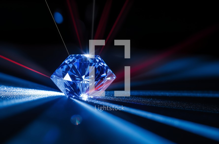 A close-up of a blue laser passing through a diamond, generating a mesmerizing and intricate light display