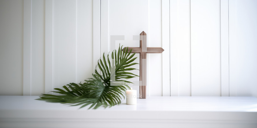 Palm Sunday. Cross, candle and palm leaf on a white shelf