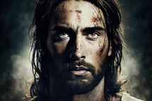A bruised but strong Jesus looking into the camera