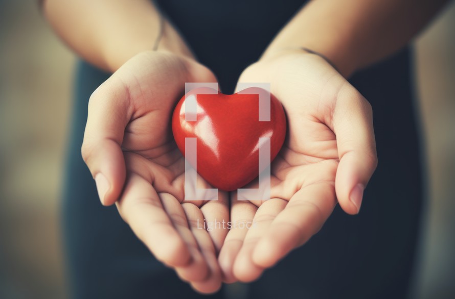 Hands shaped into a folded gesture cradle a vibrant red heart, captured from a top view in a close-up shot, symbolizing love, care, and connection