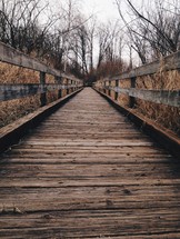 wooden bridge through a brown winter forest 