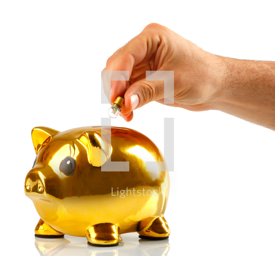 Golden piggy bank with small light bulbs on white background