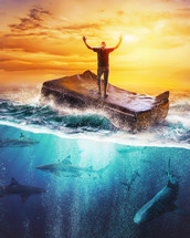 A man finds safety on top of a large Bible surrounded by waves and sharks