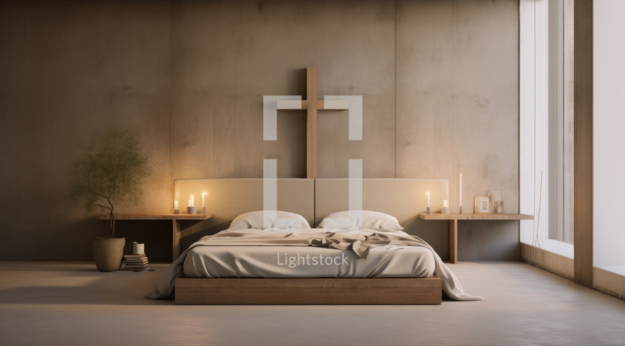Christian home interior. Interior of a modern bedroom with candles and a wooden cross