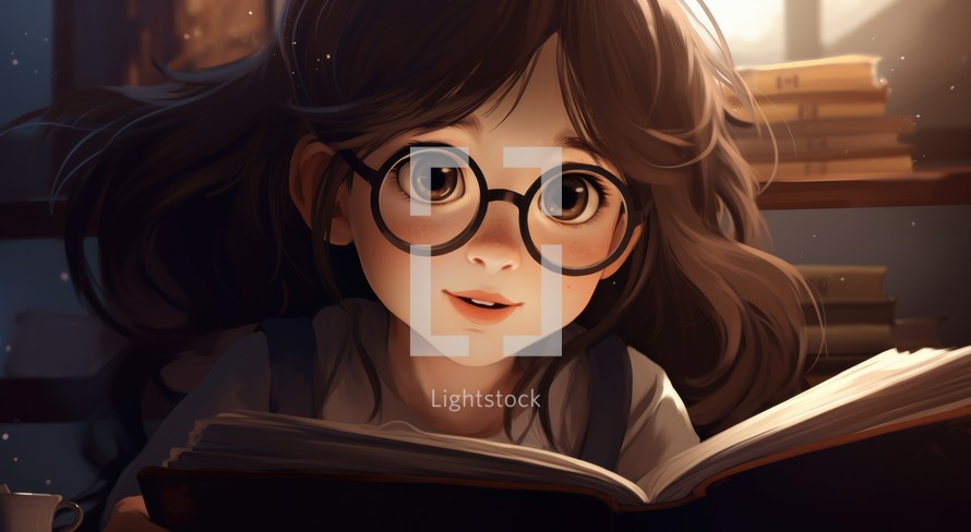 Portrait of a cute little girl reading a book.