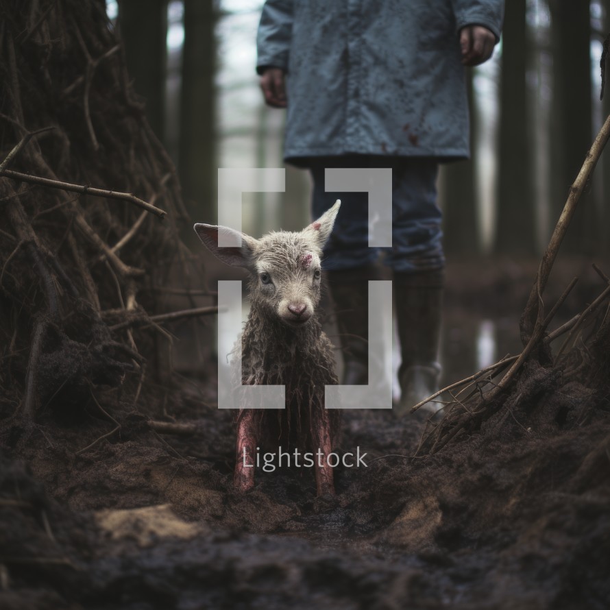 Person standing above young lamb in muddy area, reminiscent of biblical themes, in atmospheric woodland setting