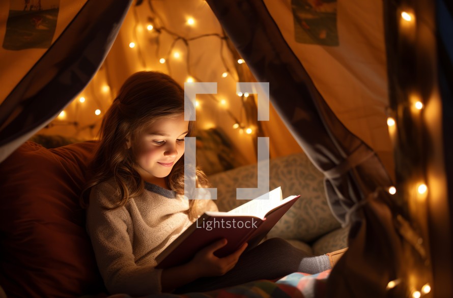 Girl engrossed in a book inside a tent, using a flashlight for illumination