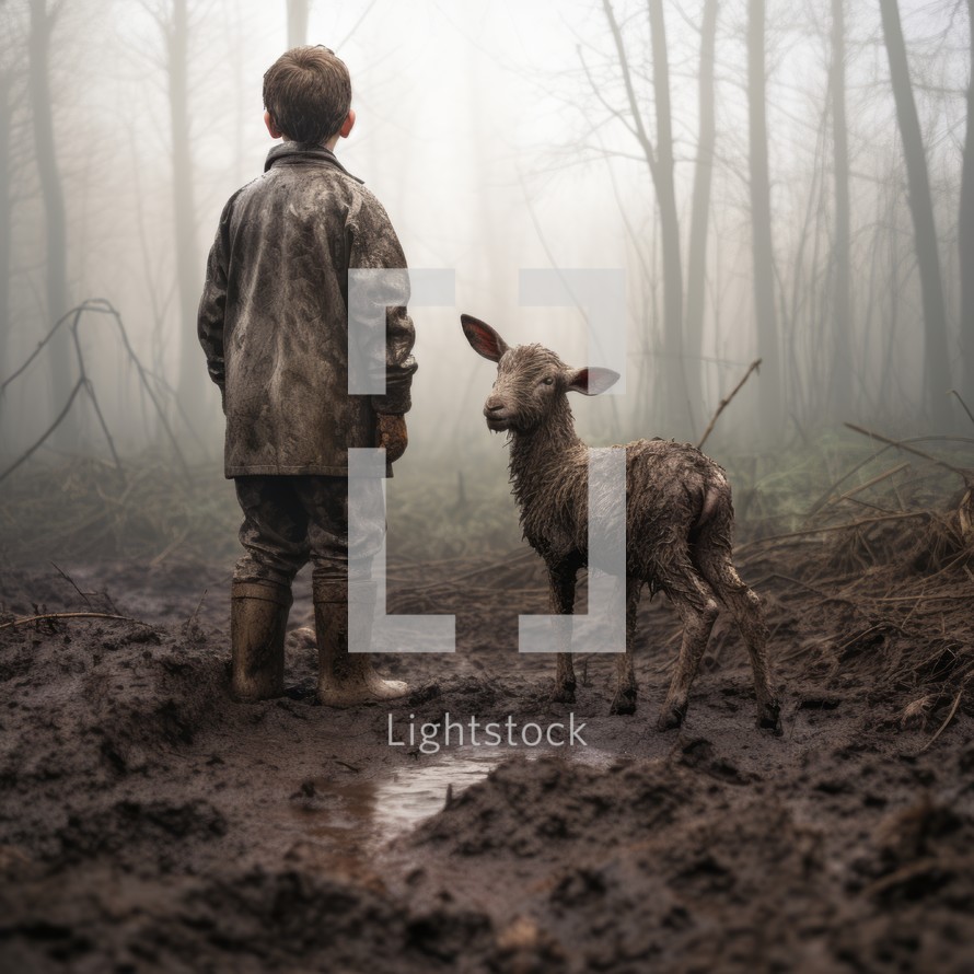 A boy standing above a young lamb in a muddy area, creating an endearing and rustic scene