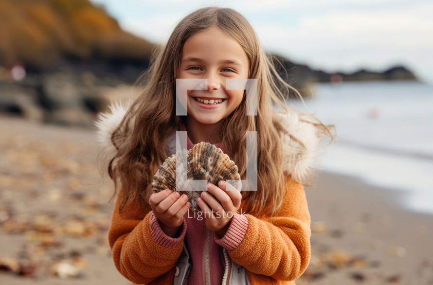 On the autumn seashore, a 7-year-old girl with long flowing hair holds a seashell to her ear, a radiant smile lighting up her face