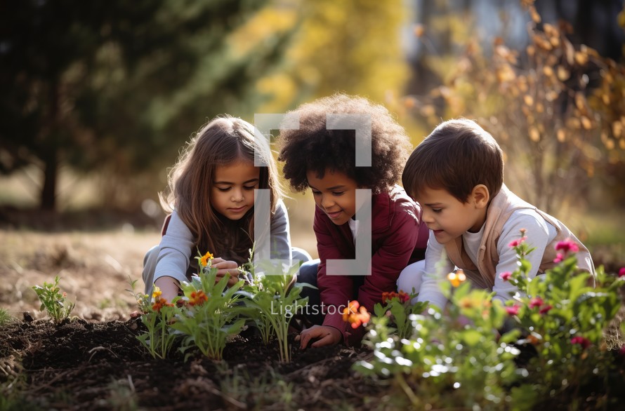 A heartwarming scene unfolds as children of various races, all 7 years old, come together to plant plants. They work harmoniously, their little hands carefully placing each seedling into the earth