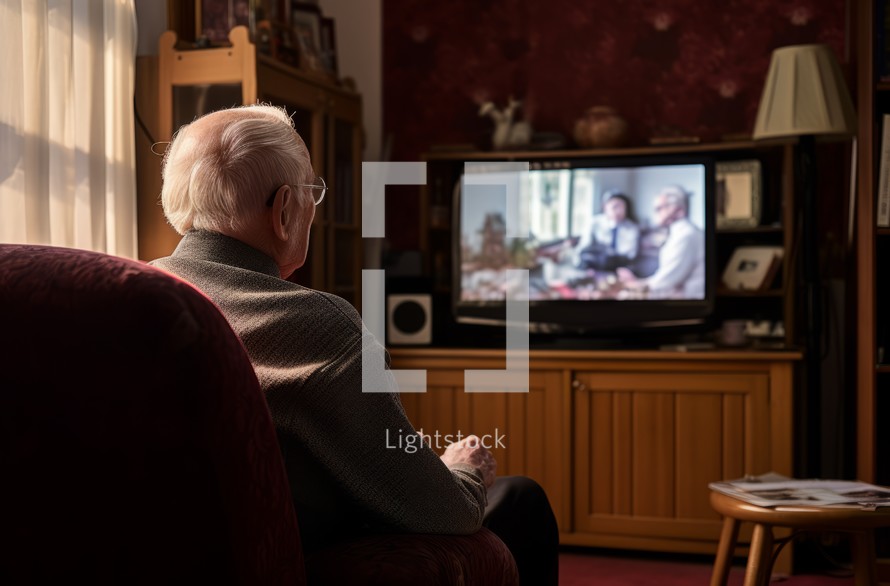 An elderly man sits in a comfortable burgundy armchair, engrossed in watching TV in his cozy room