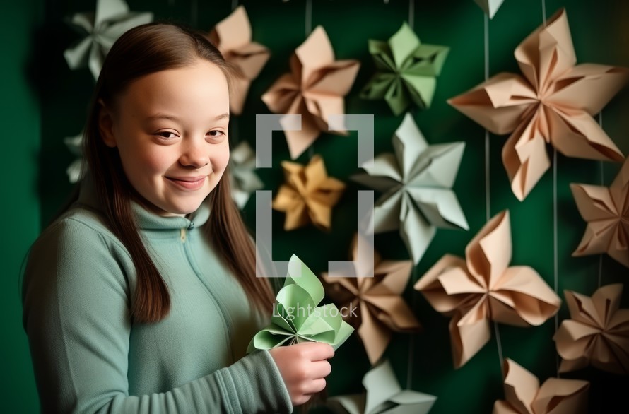 A 17-year-old girl with Down syndrome engaging in origami in a room with green walls and soft lighting