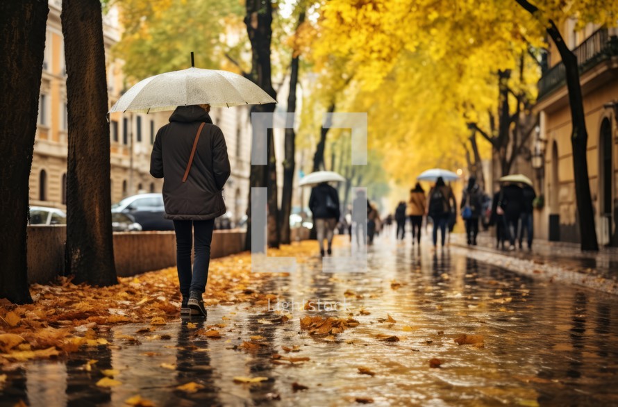 Individuals strolling under umbrellas amidst a gentle autumn rain