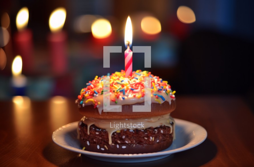 A hamburger with a lit birthday candle on a blurry backdrop, creating an unusual and playful birthday celebration scene