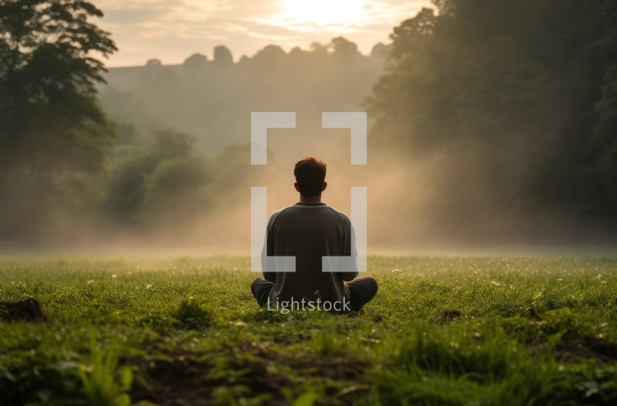 A man engaged in prayer while on a field at sunrise