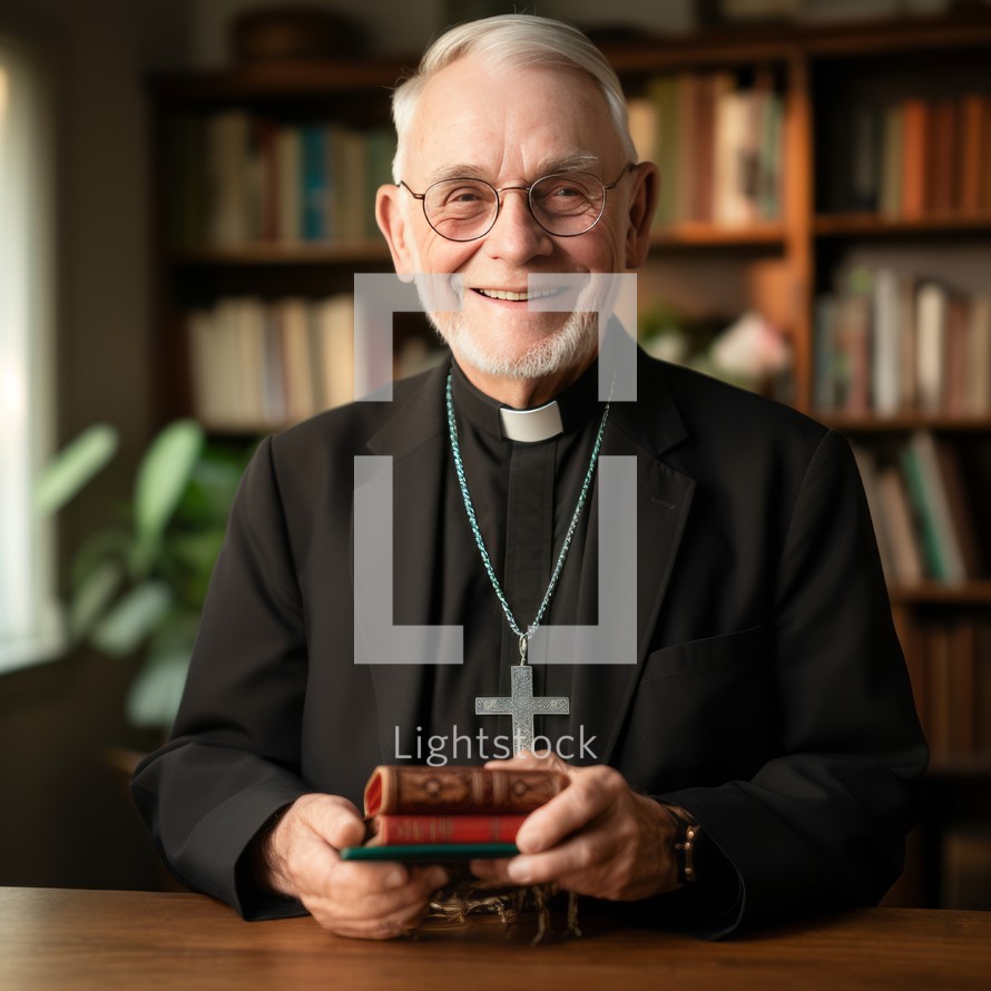 Catholic priest with a warm smile, holding a Bible and wooden beads with a cross in hand