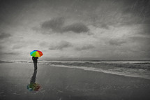 man walking on a beach in the rain with a rainbow colored umbrella 
