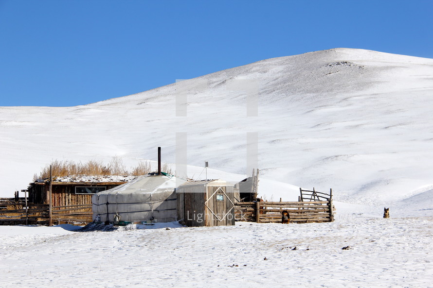 Isolated Mongolian village with traditional Ger house 