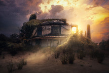 sunlight shining on an abandoned house in ruins 