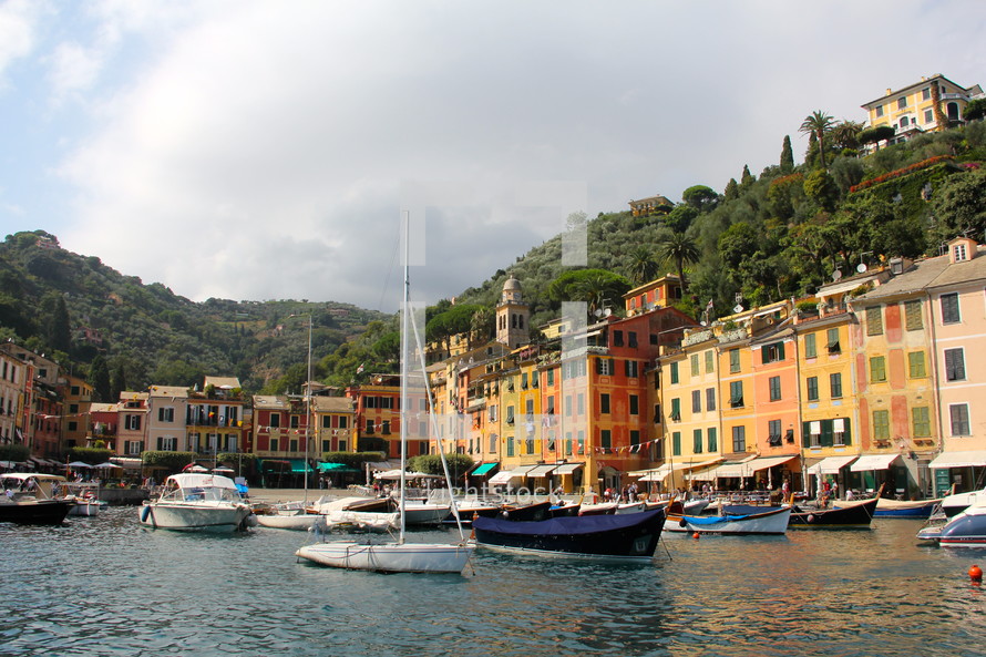 Yachts in a harbor in an old fishing village in the Italian Riviera  