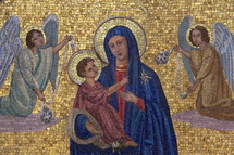 Painting like, tile mosaic of Mary and baby Jesus with angels
