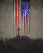 a cross under a dripping American Flag 