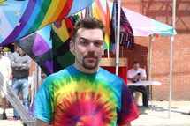 man in a tye dye t-shirt 