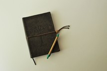 pen on a leather bound journal 