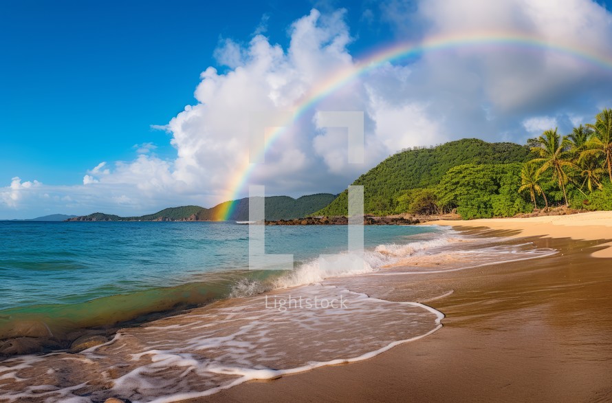 The Caribbean coast glistens after rain, with a vibrant rainbow stretching across the sky, creating a breathtaking and colorful natural scene