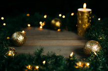 lights, candle, gold, ornaments, pine garland border 