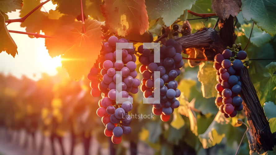 Bunches of red wine grapes vineyard. AI Generative