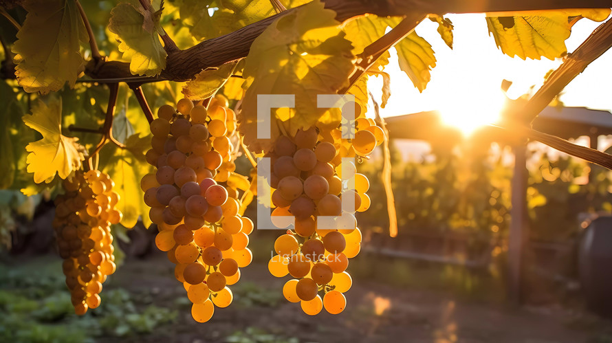 Bunch of yellow grapes hanging from a tree branch in a vineyard at sunset