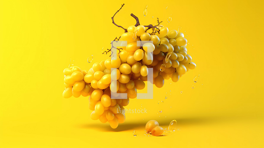 Bunches grapes on solid yellow color background.