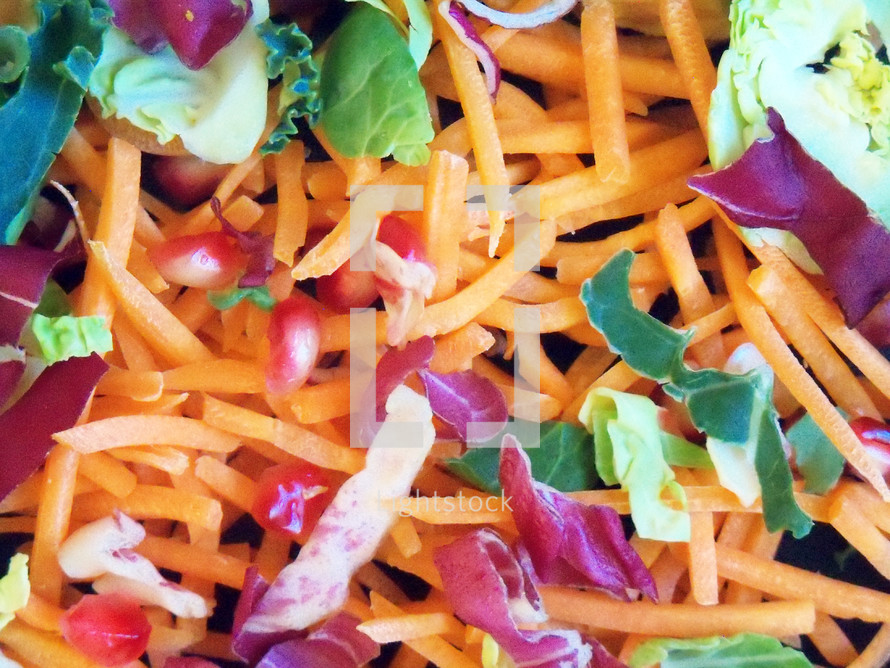 A close-up view of a fresh cut salad filled with shredded carrots, lettuce and  pomegranate  for a healthy meal and diet of fresh greens and vegetables.  