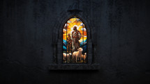 Wide shot of a beautiful, dimly back-lit stained glass window of Nativity Shepherds with snow just starting to fall. Stained glass was generated with AI and composited into a 3D CGI scene.