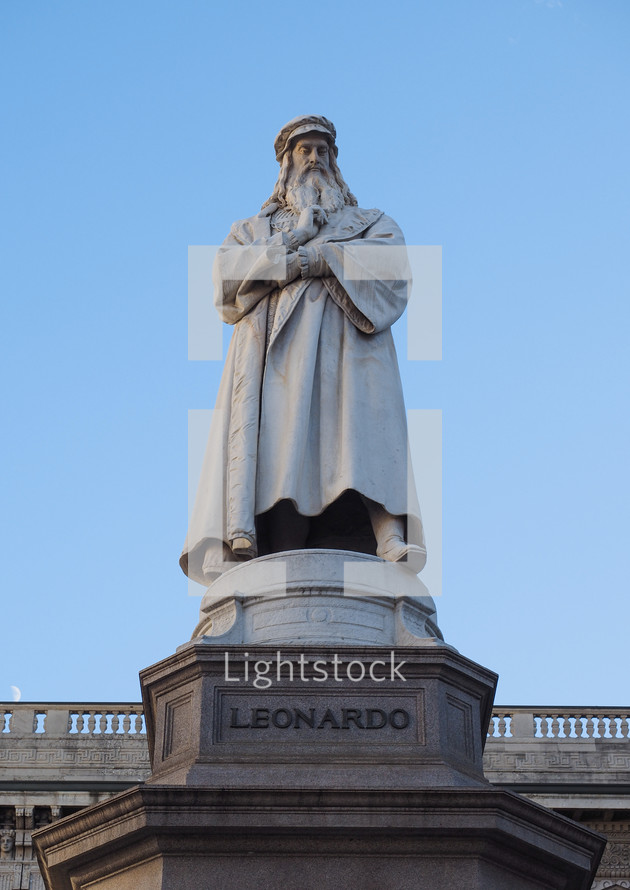 Monument to Leonardo da Vinci in Piazza della Scala (meaning La Scala square) designed by sculptor Pietro Magni in 1872 in Milan, Italy