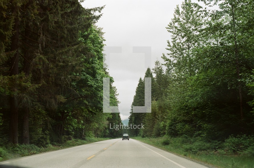 A single car driving down a highway between trees.