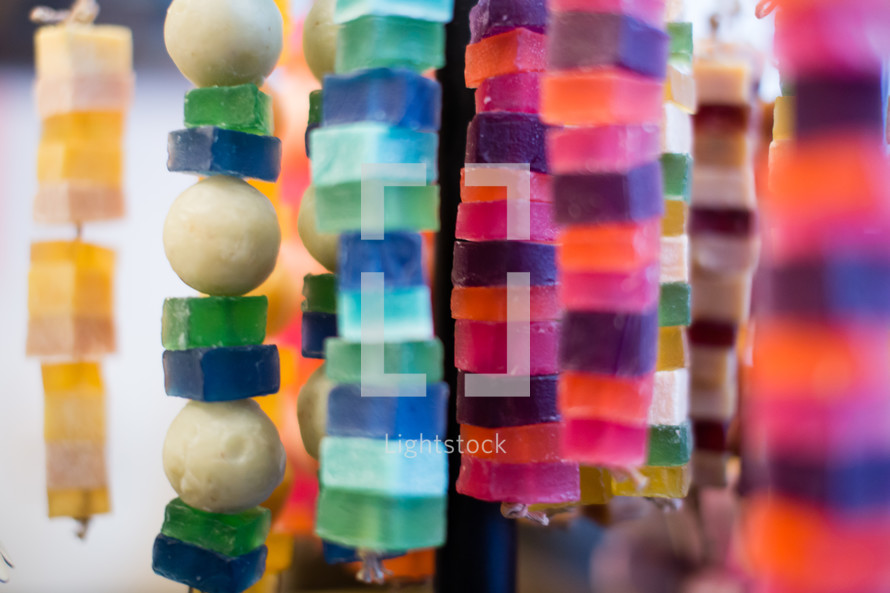 Strands of colorful glass beads.