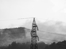 Sublime awe inspiring nature with transmission line in stormy weather in black and white