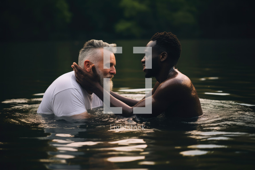 Baptism. A young man and an older white man celebrates their faith in the water