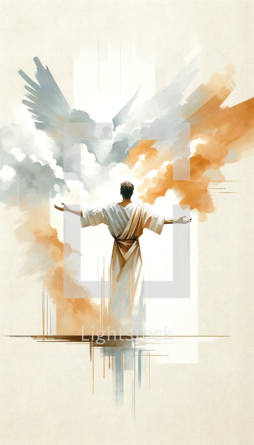 Digital painting of a man in worship in front of angel shaped cloud.
