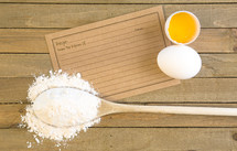 eggs, flour, and recipe card 