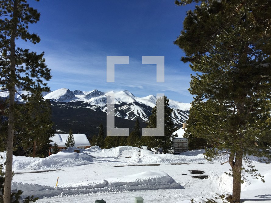 mountain peaks, ski slopes, snow, cabin, outdoors, trees, winter 