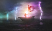 a man on a boat holding the sail while sailing in a storm 