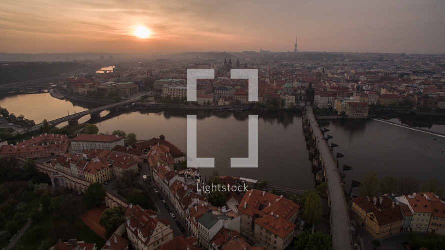 Aerial view of Prague and Vltava river at sunset