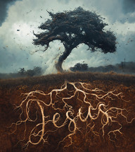 A large tree is blown in a wind storm, but with the roots fully established in Jesus.