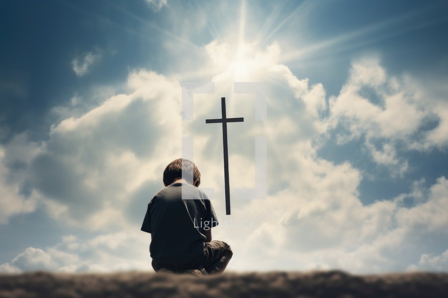 Young boy sitting on a hill and praying at the cross in the sky