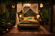 Warmly lit bedroom with jungle theme, canopy bed and lush greenery